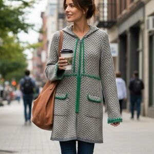 Sparrow Gray Chevron Cardigan with Green Accents